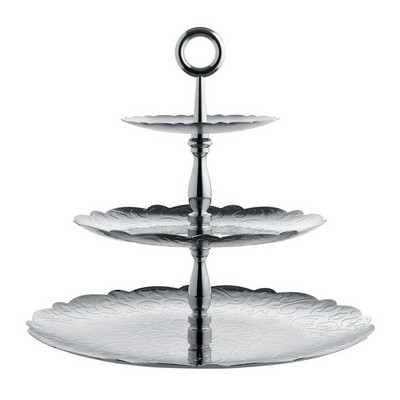 Alessi-Dressed Three-element cake stand in 18/10 stainless steel with relief decoration